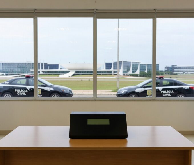 Urna eletrônica em eleição para diretoria do Sinpol-DF, com viaturas da Polícia Civil do DF ao fundo em Brasília.