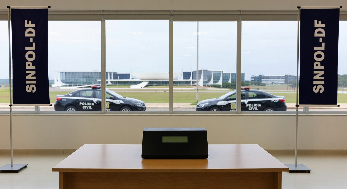 Urna eletrônica em eleição para diretoria do Sinpol-DF, com viaturas da Polícia Civil do DF ao fundo em Brasília.