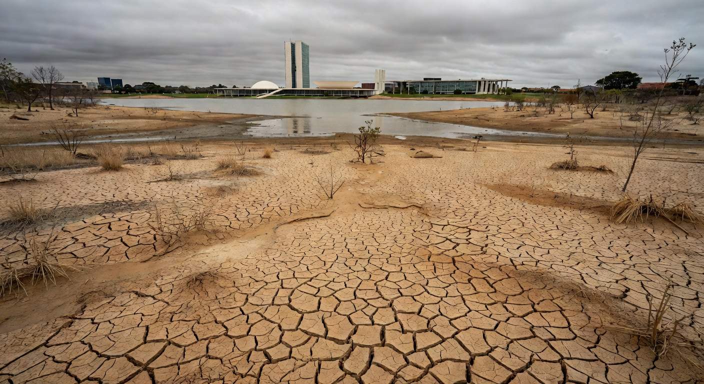 Represa com baixa água no DF, ilustrando insegurança hídrica e problemas de saneamento da Caesb.
