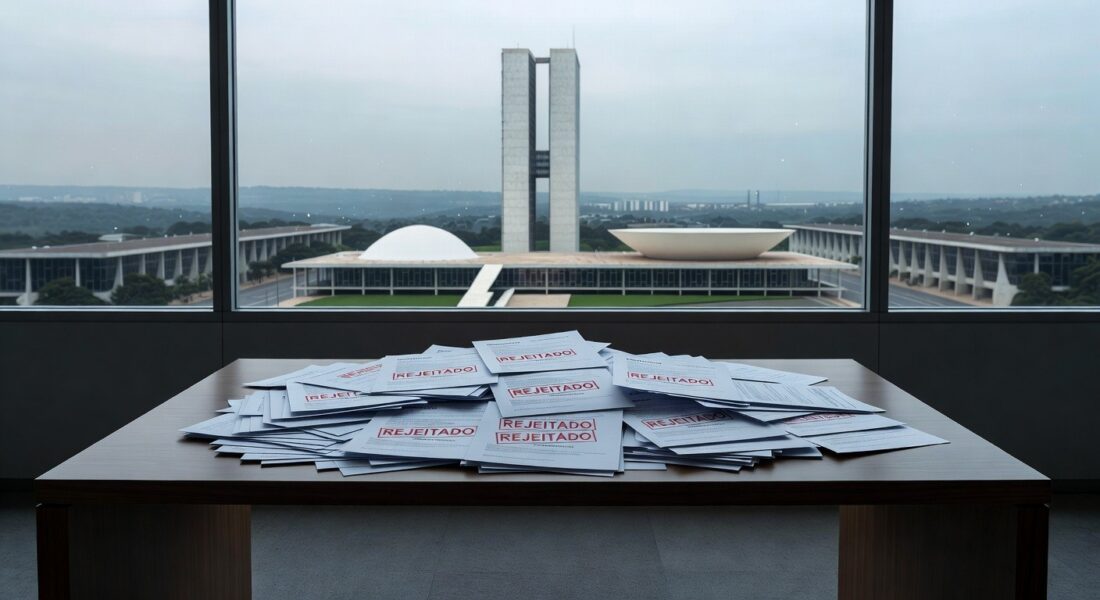 Pilha de currículos rejeitados em escritório de Brasília, simbolizando discriminação etária no emprego.
