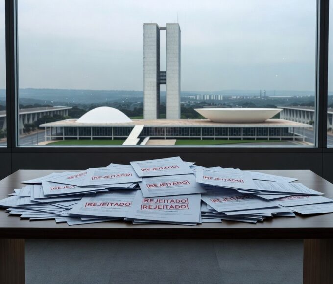 Pilha de currículos rejeitados em escritório de Brasília, simbolizando discriminação etária no emprego.