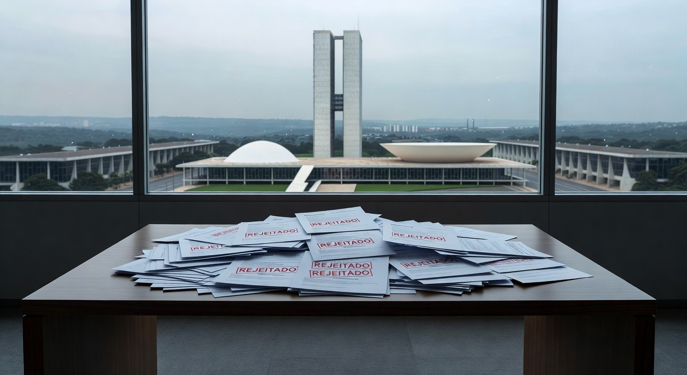 Pilha de currículos rejeitados em escritório de Brasília, simbolizando discriminação etária no emprego.