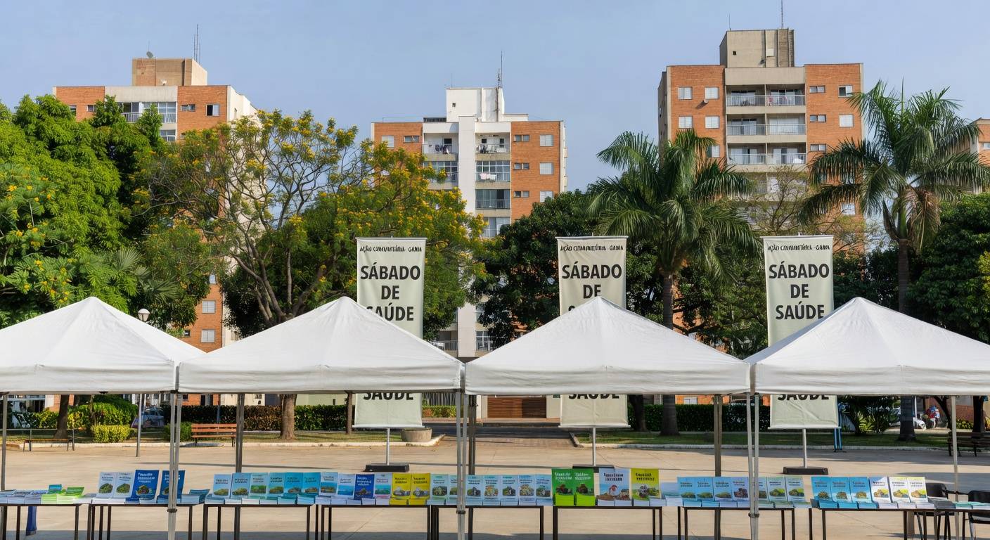 Praça no Gama com tendas para ação comunitária do GDF oferecendo serviços gratuitos.
