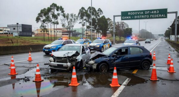 Cena de colisão na DF-483 com veículos danificados e derramamento de óleo no Gama, Distrito Federal.