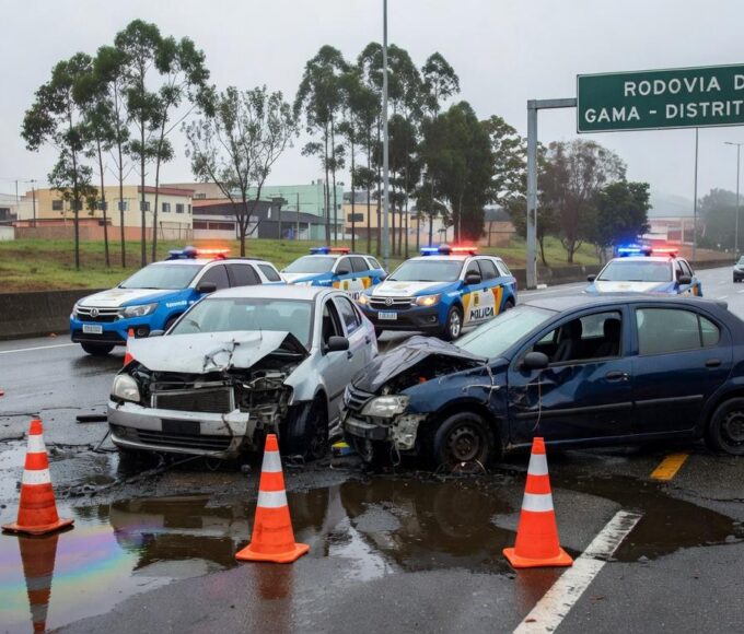 Cena de colisão na DF-483 com veículos danificados e derramamento de óleo no Gama, Distrito Federal.