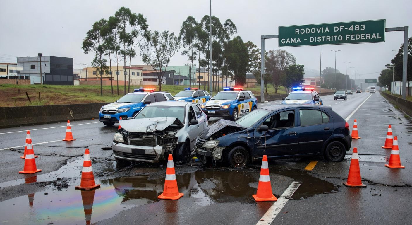 Cena de colisão na DF-483 com veículos danificados e derramamento de óleo no Gama, Distrito Federal.