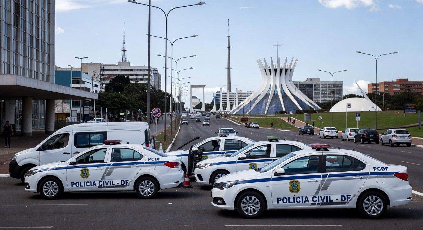 Viaturas da Polícia Civil do DF em operação no Eixo Monumental de Brasília, representando prisões por tráfico e lavagem de dinheiro.