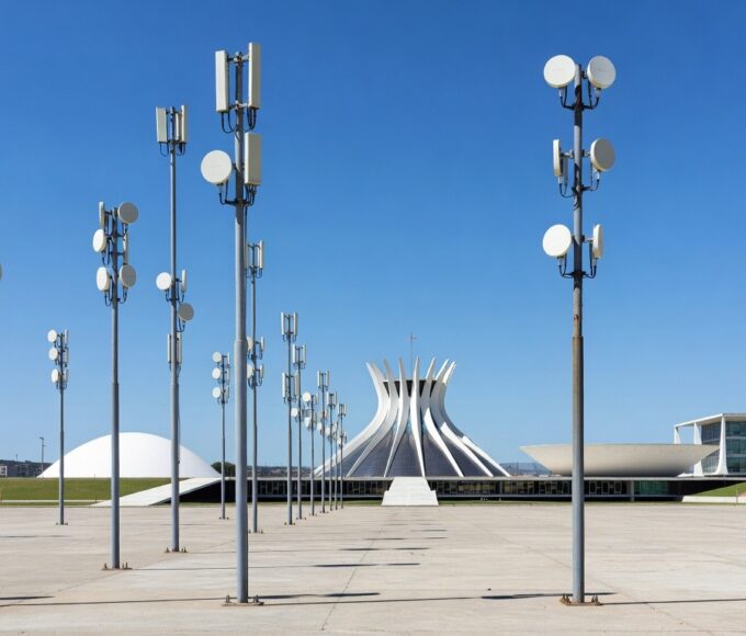 Antena de Wi-Fi público em praça de Brasília, representando expansão do Wi-Fi Social DF para 2026.
