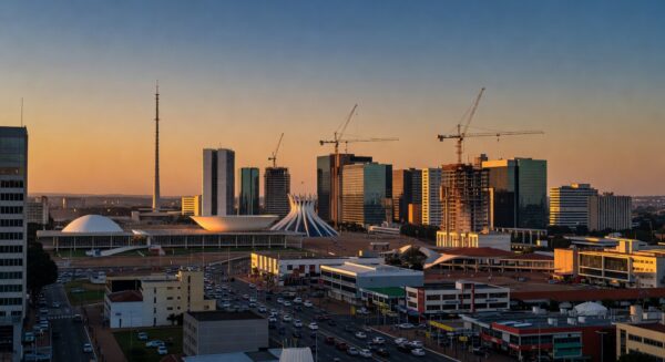 Vista panorâmica do skyline de Brasília, representando trajetória empreendedora e desafios econômicos no DF.