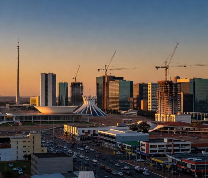 Vista panorâmica do skyline de Brasília, representando trajetória empreendedora e desafios econômicos no DF.