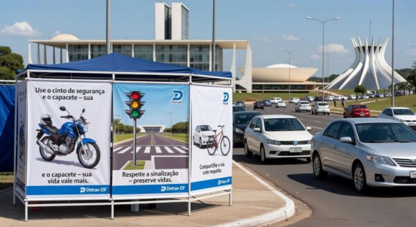 Viaturas do Detran-DF em rua de Brasília durante ação educativa de segurança viária.