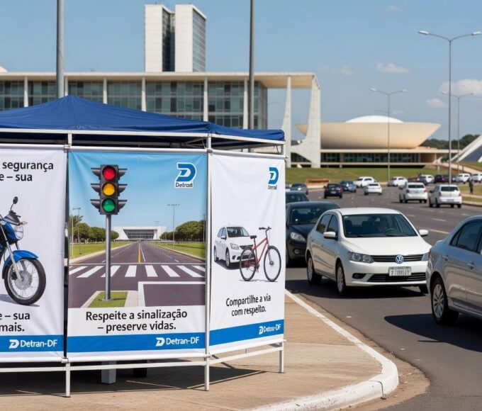 Viaturas do Detran-DF em rua de Brasília durante ação educativa de segurança viária.