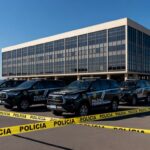 Viaturas da Polícia Federal em frente ao Banco de Brasília durante operação de prisão.