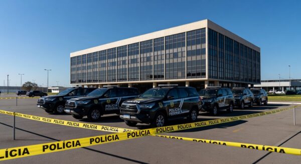 Viaturas da Polícia Federal em frente ao Banco de Brasília durante operação de prisão.