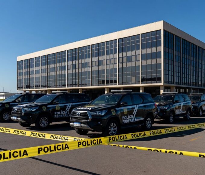 Viaturas da Polícia Federal em frente ao Banco de Brasília durante operação de prisão.