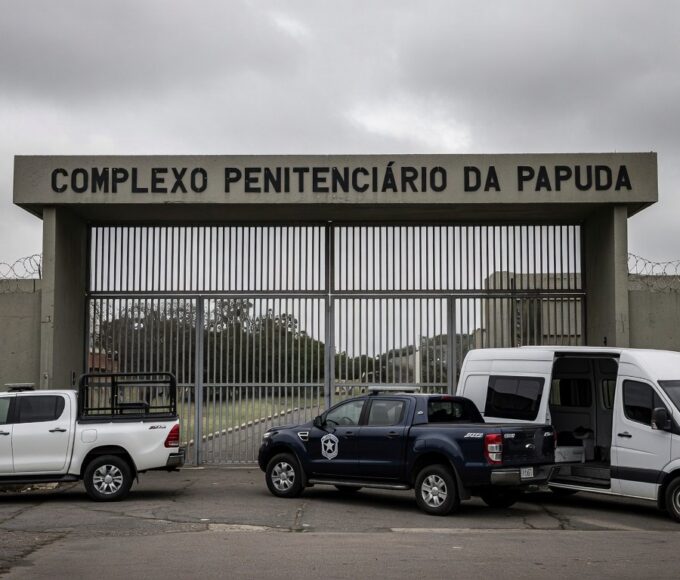Entrada do Complexo Penitenciário da Papuda com viaturas da Polícia Federal, representando Operação Compliance Zero e prisão de ex-presidente do BRB.