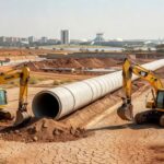 Obras de água em Brasília com reservatório baixo, representando luta contra racionamentos no DF.