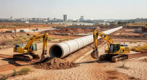 Obras de água em Brasília com reservatório baixo, representando luta contra racionamentos no DF.