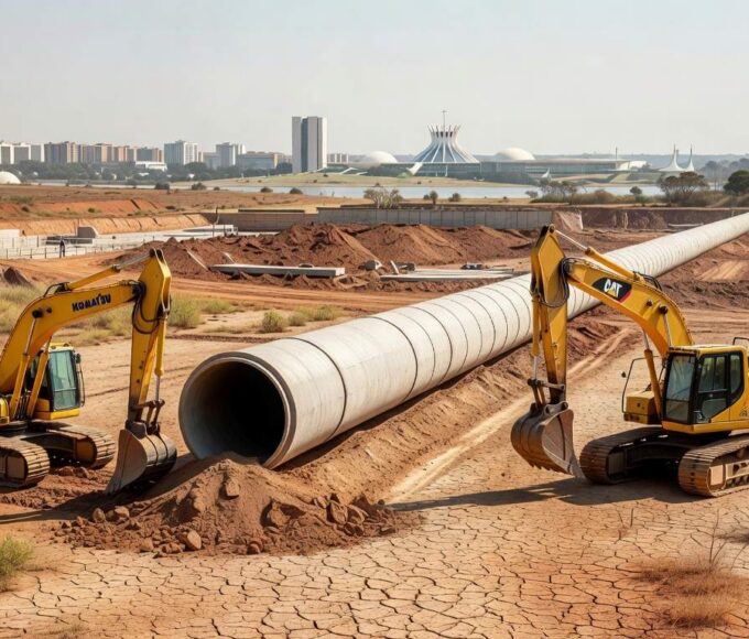 Obras de água em Brasília com reservatório baixo, representando luta contra racionamentos no DF.