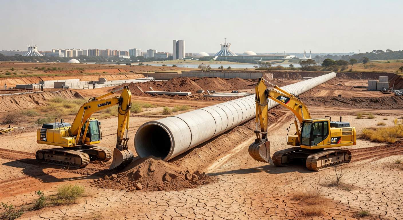 Obras de água em Brasília com reservatório baixo, representando luta contra racionamentos no DF.