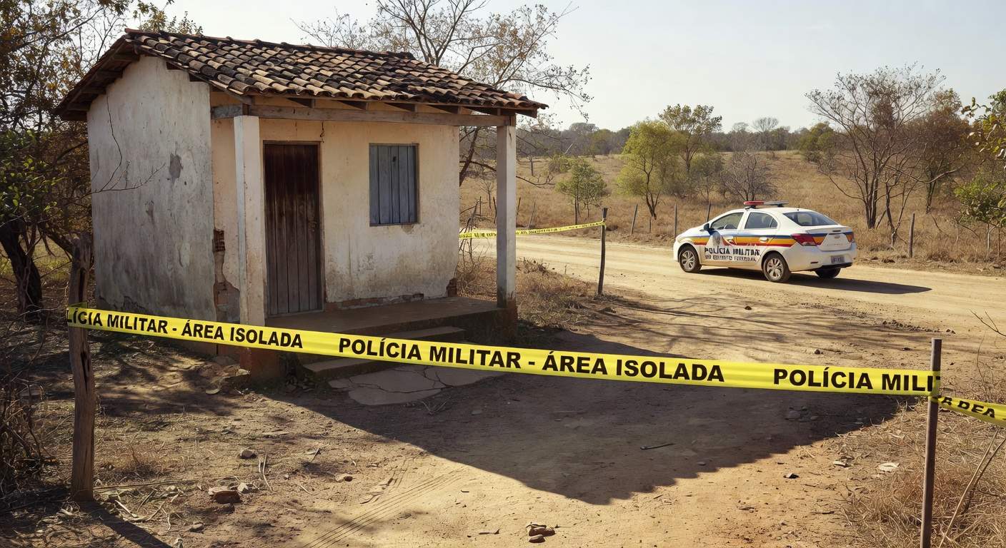 Cena de crime isolada com fita policial em casa em Planaltina, DF, após chacina familiar.