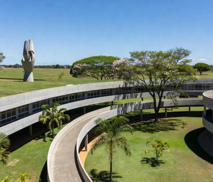 Nova escola pública em Brasília com arquitetura modernista, linhas curvas e concreto aparente, integrada ao planalto central.