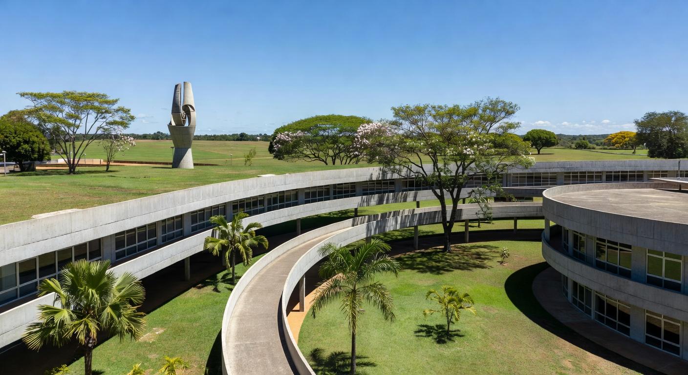 Nova escola pública em Brasília com arquitetura modernista, linhas curvas e concreto aparente, integrada ao planalto central.