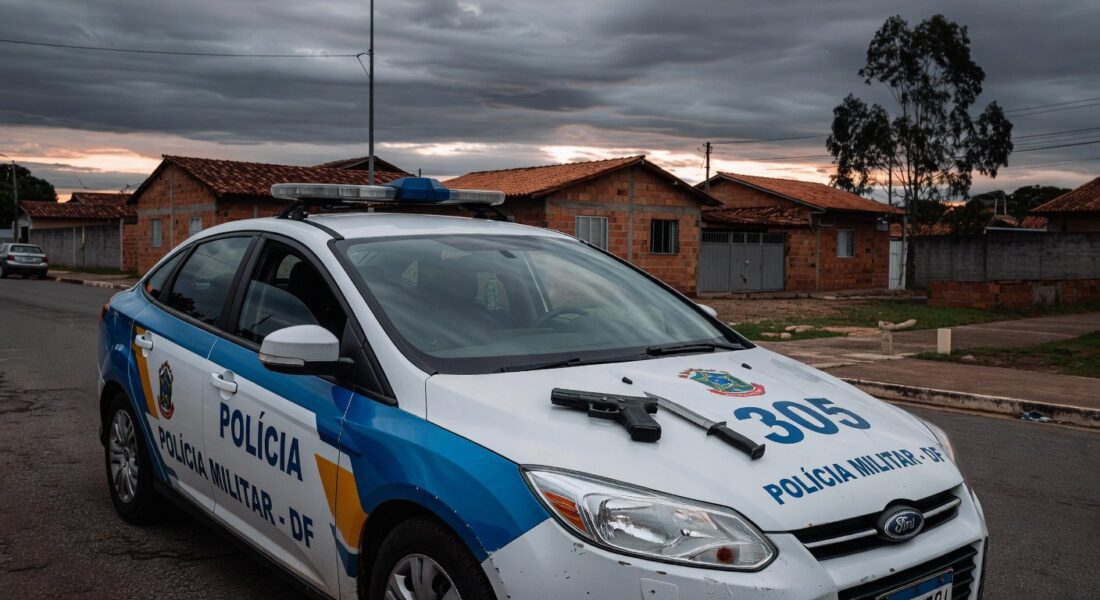 Viatura da PMDF em rua do Setor Leste do Gama com simulacro de arma e faca, representando detenção policial.