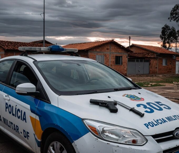Viatura da PMDF em rua do Setor Leste do Gama com simulacro de arma e faca, representando detenção policial.