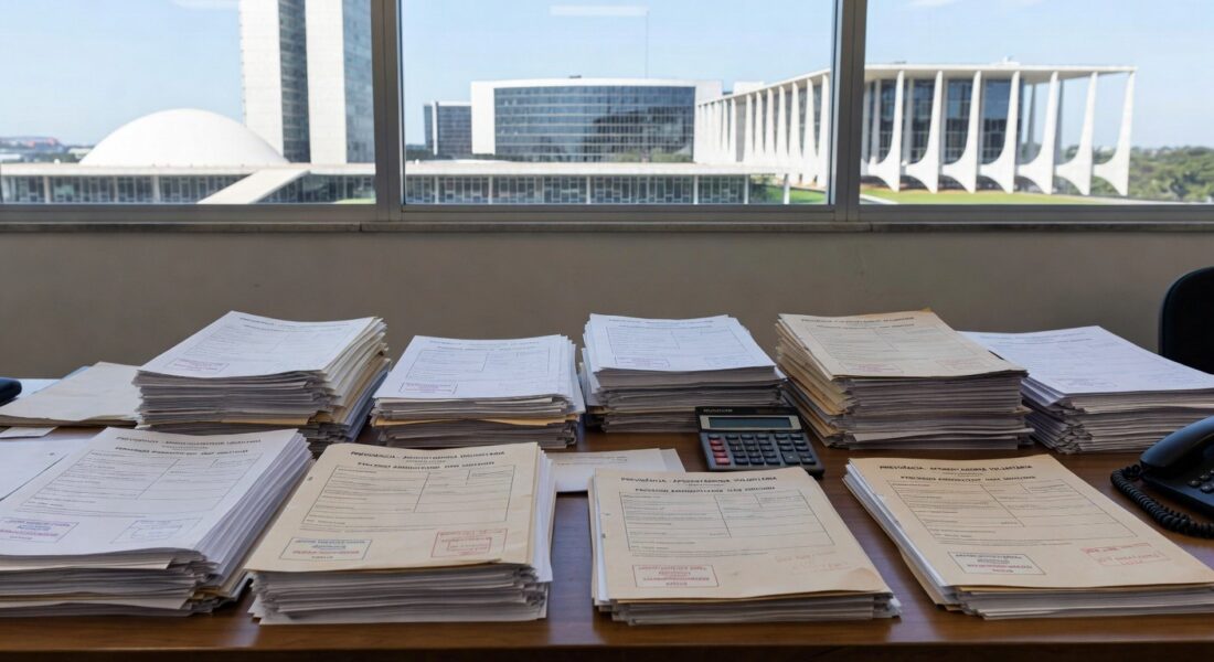 Mesa com documentos de aposentadoria de professores no TJDFT em Brasília, representando acordo administrativo com PGDF.