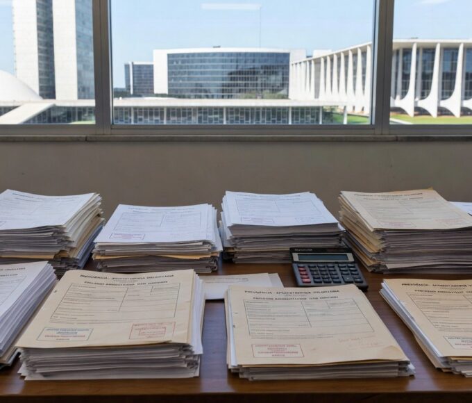 Mesa com documentos de aposentadoria de professores no TJDFT em Brasília, representando acordo administrativo com PGDF.