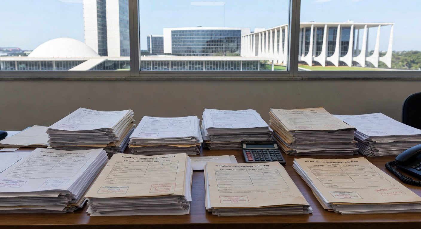 Mesa com documentos de aposentadoria de professores no TJDFT em Brasília, representando acordo administrativo com PGDF.