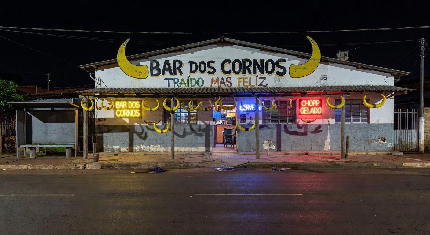 Fachada do Bar dos Cornos no Gama, com decoração temática de chifres e humor sobre traição.