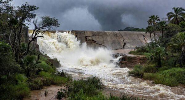 Barragem de Santa Maria transbordando no DF, expondo falhas na gestão hídrica.