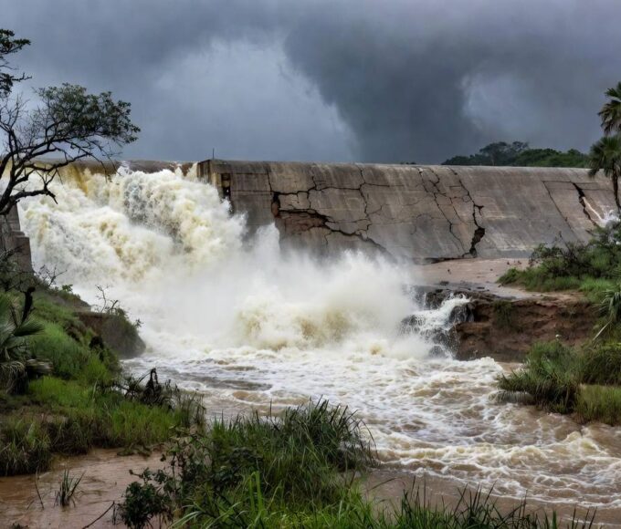 Barragem de Santa Maria transbordando no DF, expondo falhas na gestão hídrica.