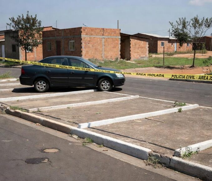 Rua em Samambaia com vagas de estacionamento e viatura policial, representando briga por vaga que levou a assassinato.
