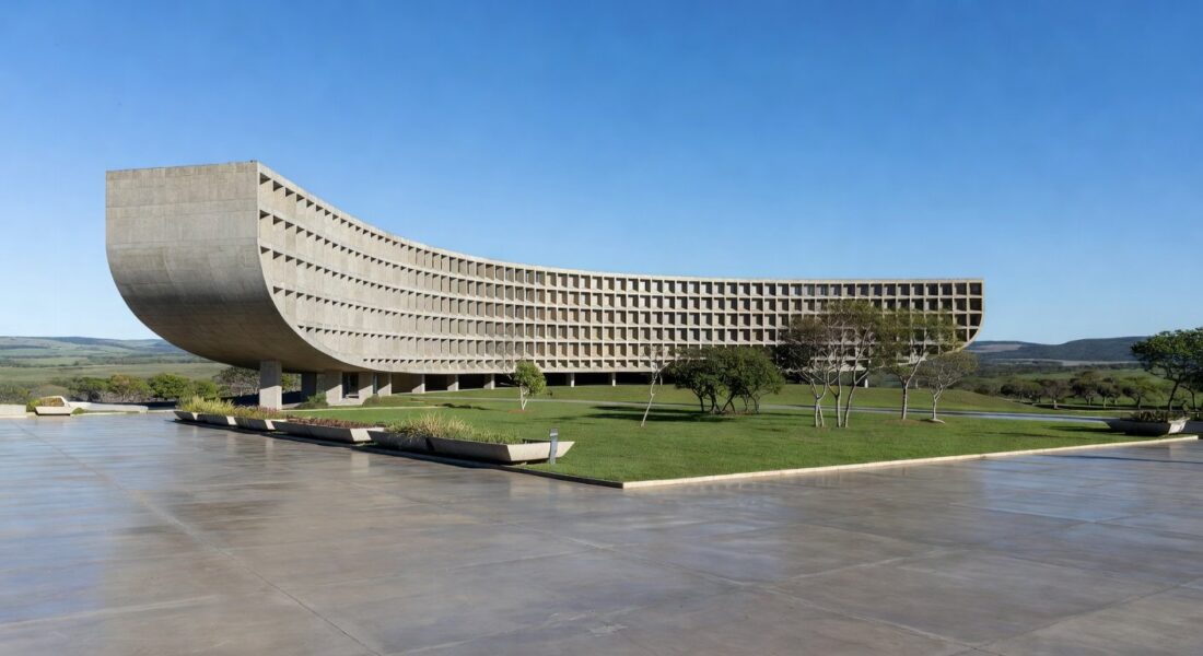 Edifício moderno em Brasília representando inauguração de ponto de apoio do MTE e parceria para 100 unidades no Brasil.