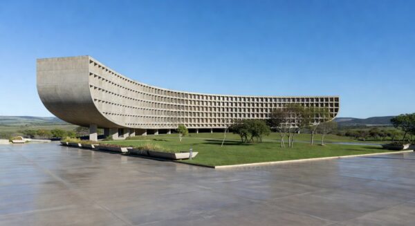 Edifício moderno em Brasília representando inauguração de ponto de apoio do MTE e parceria para 100 unidades no Brasil.