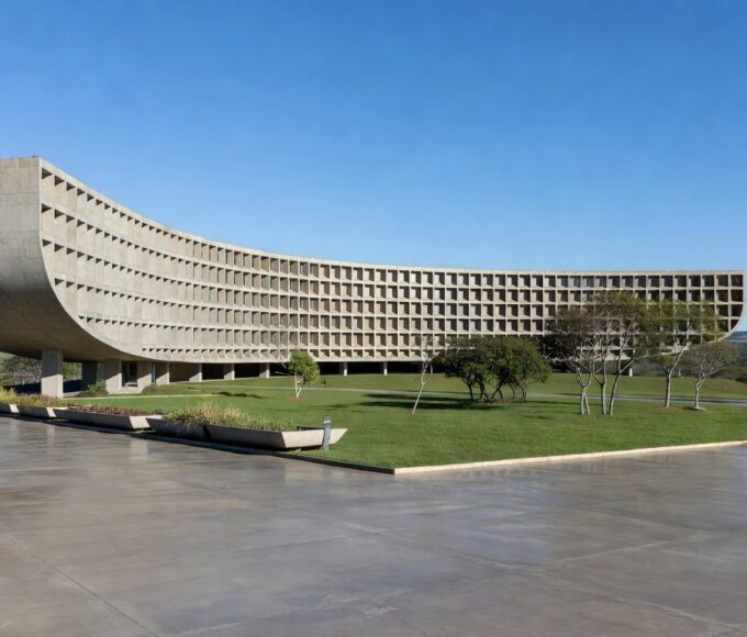 Edifício moderno em Brasília representando inauguração de ponto de apoio do MTE e parceria para 100 unidades no Brasil.