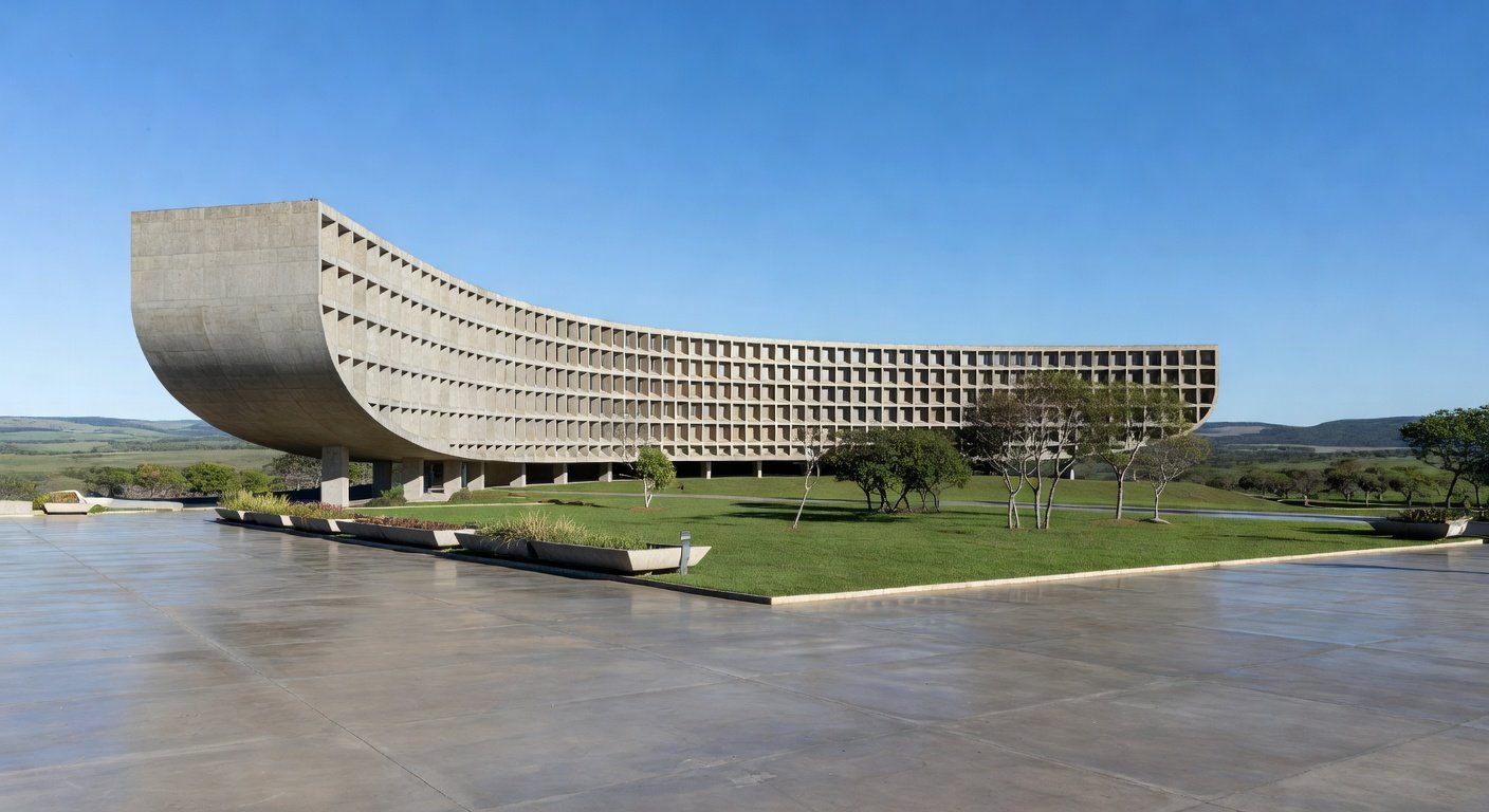 Edifício moderno em Brasília representando inauguração de ponto de apoio do MTE e parceria para 100 unidades no Brasil.
