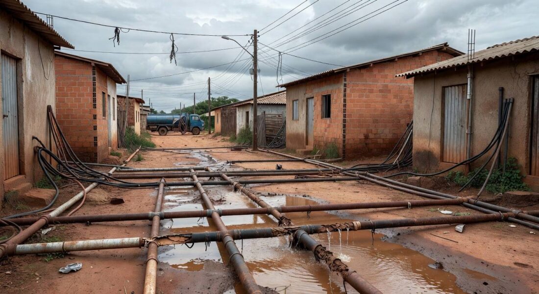 Tubulações expostas e ligações clandestinas em rua do Riacho Fundo II, com equipamentos da Caesb, destacando ação do GDF contra irregularidades.
