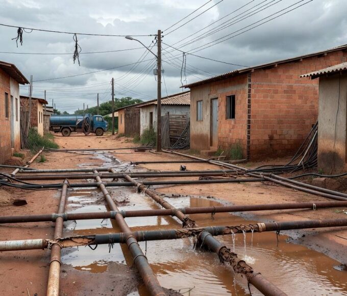 Tubulações expostas e ligações clandestinas em rua do Riacho Fundo II, com equipamentos da Caesb, destacando ação do GDF contra irregularidades.