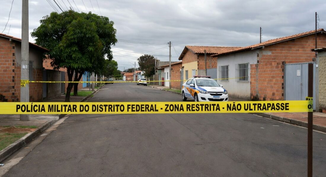 Cena de crime isolada por fita policial em rua de Santa Maria, DF, com viatura da PM ao fundo.