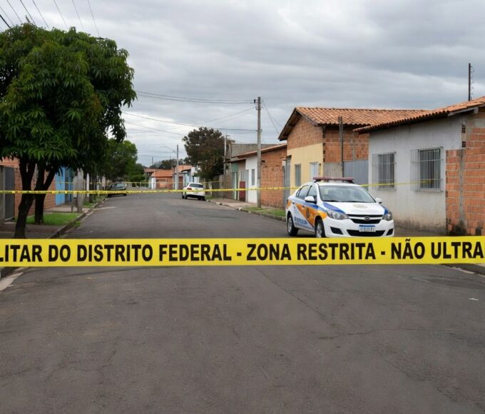 Cena de crime isolada por fita policial em rua de Santa Maria, DF, com viatura da PM ao fundo.