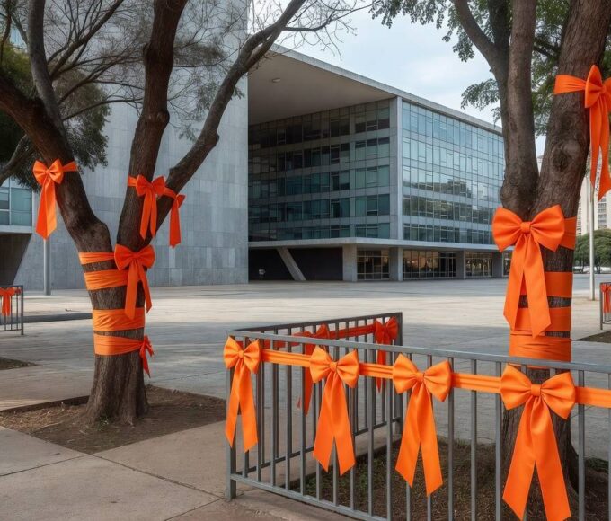 Fitas laranjas em praça de Brasília simbolizando campanha Maio Laranja contra abuso sexual infantil do MPDFT