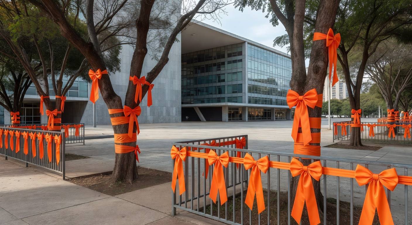 Fitas laranjas em praça de Brasília simbolizando campanha Maio Laranja contra abuso sexual infantil do MPDFT