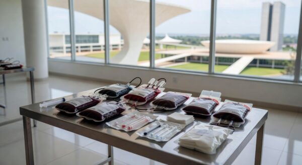 Bolsas de sangue e vacinas em centro de doação no Distrito Federal