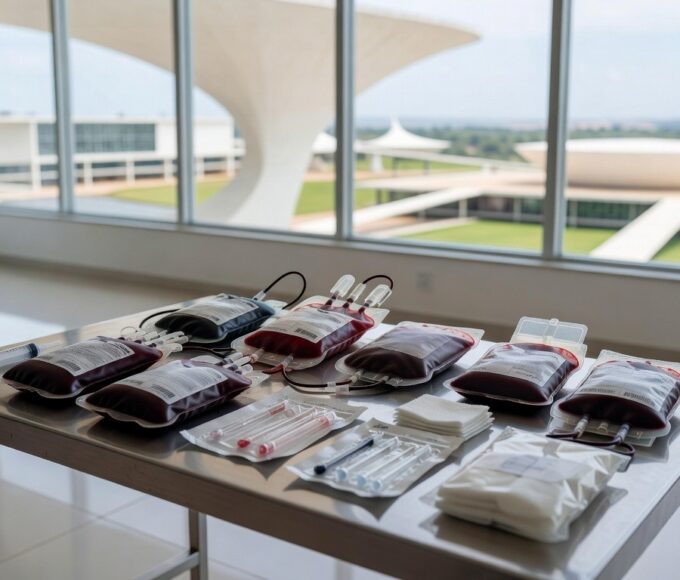 Bolsas de sangue e vacinas em centro de doação no Distrito Federal