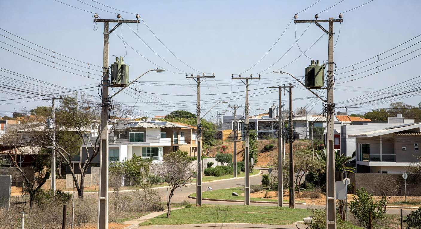 Postes e rede elétrica em bairro residencial de Brasília durante interrupção de energia da Neoenergia