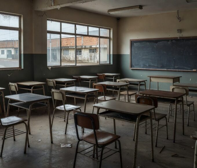Sala de aula vazia simbolizando estagnação da EJA no Brasil
